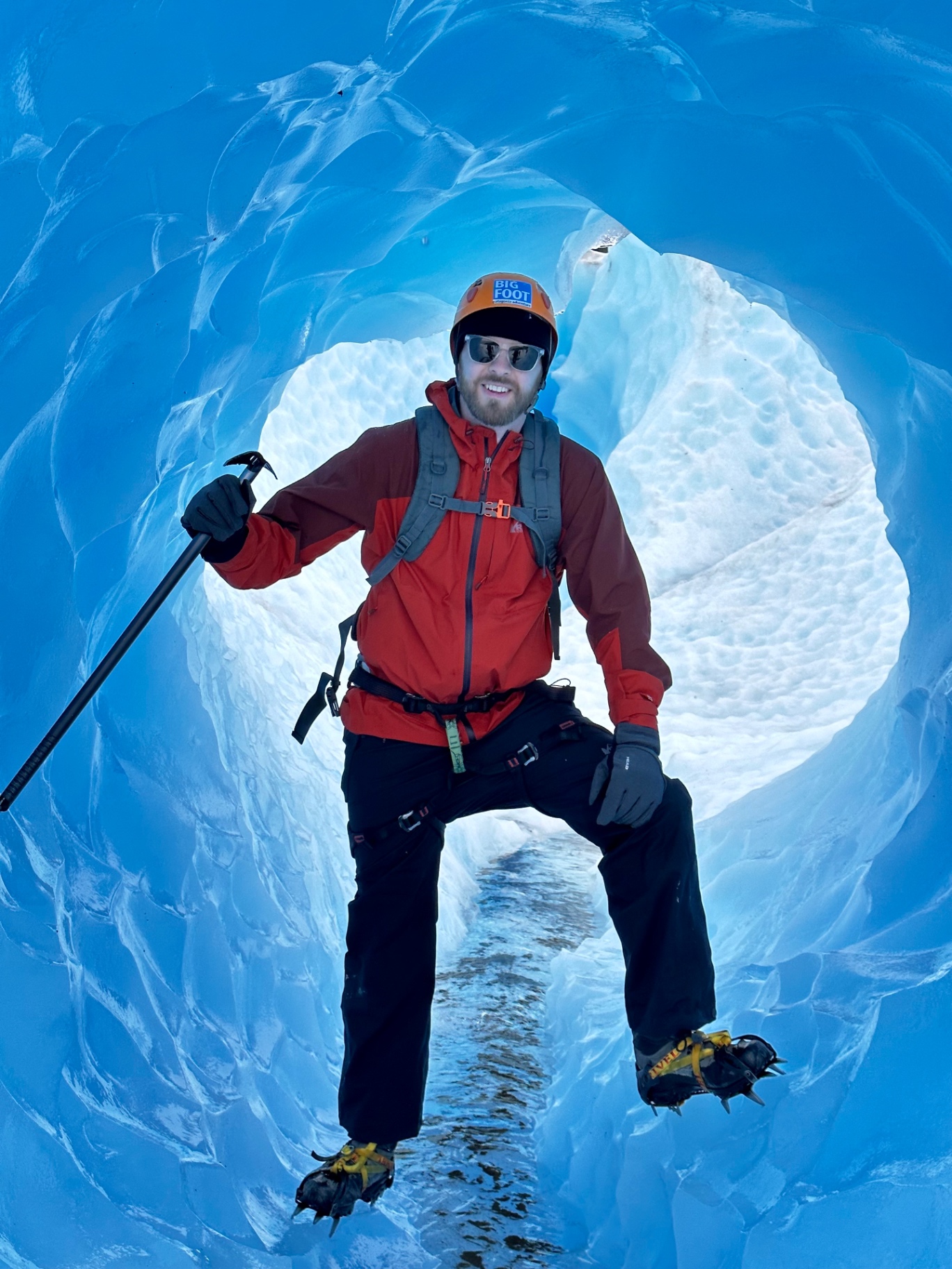 Sam inside an ice tunnel on Grey Glacier, Patagonia